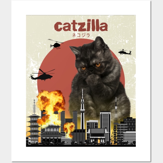 Cat Zilla Funny Black Exotic Shorthair Cat T-shirt for animal lovers Wall Art by monsieurfour